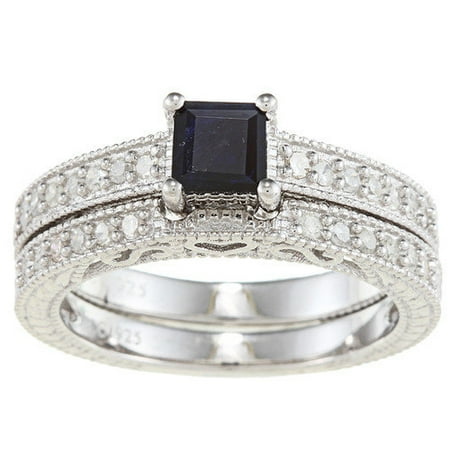Designer Diamonds Sterling Silver Princess Cut Sapphire and Diamond Bridal Set