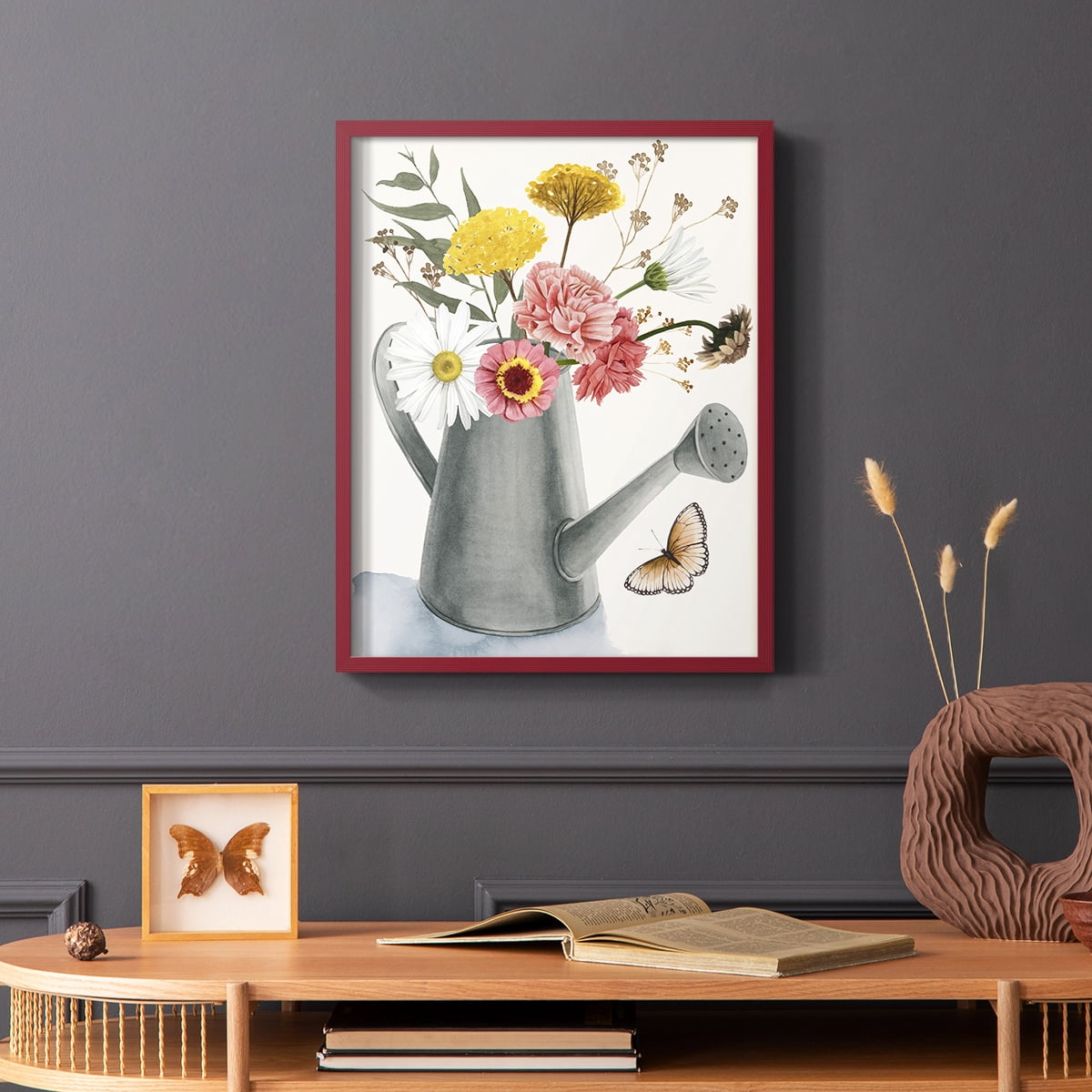 Watering Can Bouquet II Framed Print in Red Solid Wood 8 x 10 Framed Print