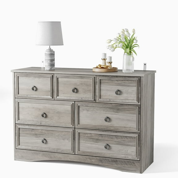 Duerer Modern 7 Drawer Dresser, Wood Horizontal Cabinet Dresser Chest of Drawers for Bedroom, Living Room, Gray Wash