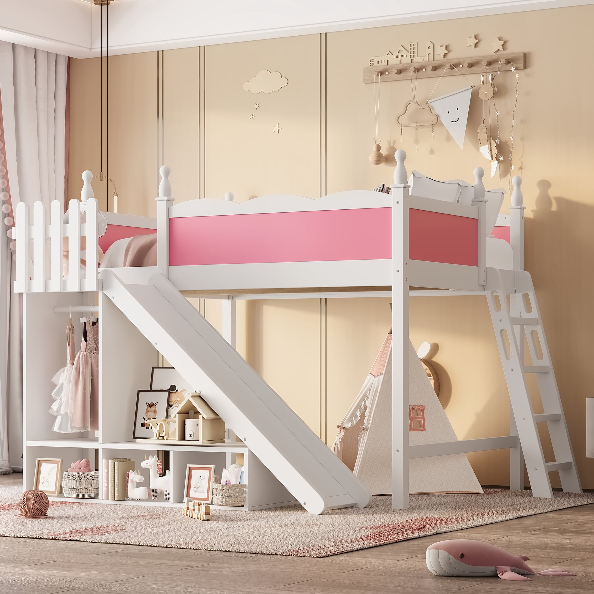 Leumius Full Loft Bed Frame with Storage Shelves and Wardrobe, Solid Wood Loft Bed with Detachable Slide and Ladders for Kids Teens Adults Pink and White