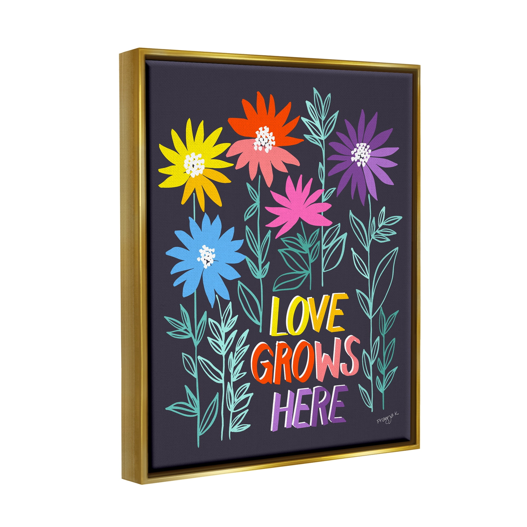 Stupell Industries Love Grows Here Phrase Botanical & Floral Painting Gold Floater Framed Canvas Art Print Wall Art, 25 x 31