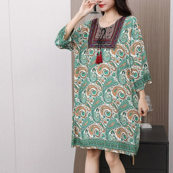 Taylonsss Womens Summer Dress Ethnic Round Neck Short/Three-Quarter Sleeve Cotton Poplin Print Boho Casual Maxi Dress