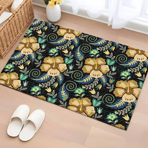 2x3 Ft Entryway Area Rug, Yellow Boho Floral Kitchen Rug Runner Washable Floor Mat, Vintage Southwestern Ethnic Tribe Botanical Non Slip Indoor Door Mat Throw Carpet for Bathroom Living Room Bedroom