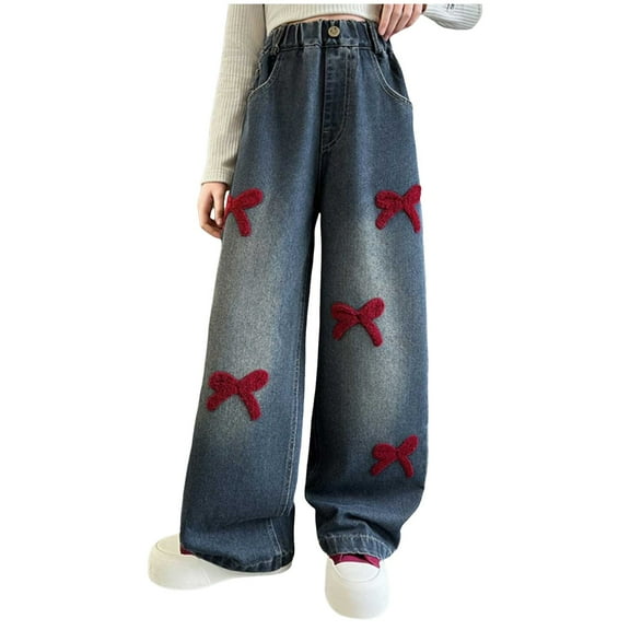 Sopiago Jeans for Kids Girls Cute Wide Leg Flared Jeans Girls Oversized Elastic Waist Paper Baggy Pants with Pockets Black,5-6 Years