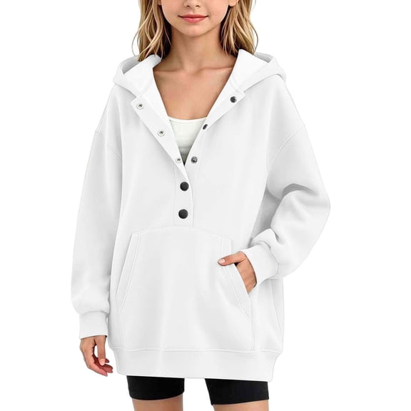 Luhomi Oversized Sweatshirt for Girls Button up Long Sleeve Pullover Hoodie Kids Fall Winter Fashion Clothes(White,13-14 Years)