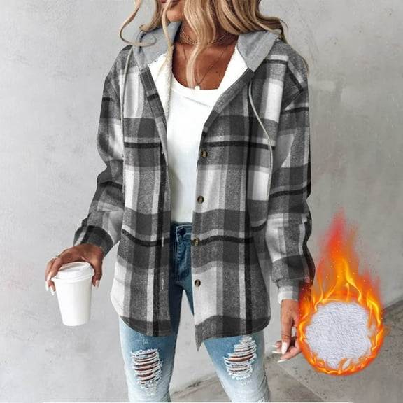 Xdegoge Womens Fleece Lined Jackets Sherpa Button Down Plaid Winter Coats Long Sleeve Oversized Hoodies Drawstring Flannel Shackets with Pockets Y2K Clothes Streetwear