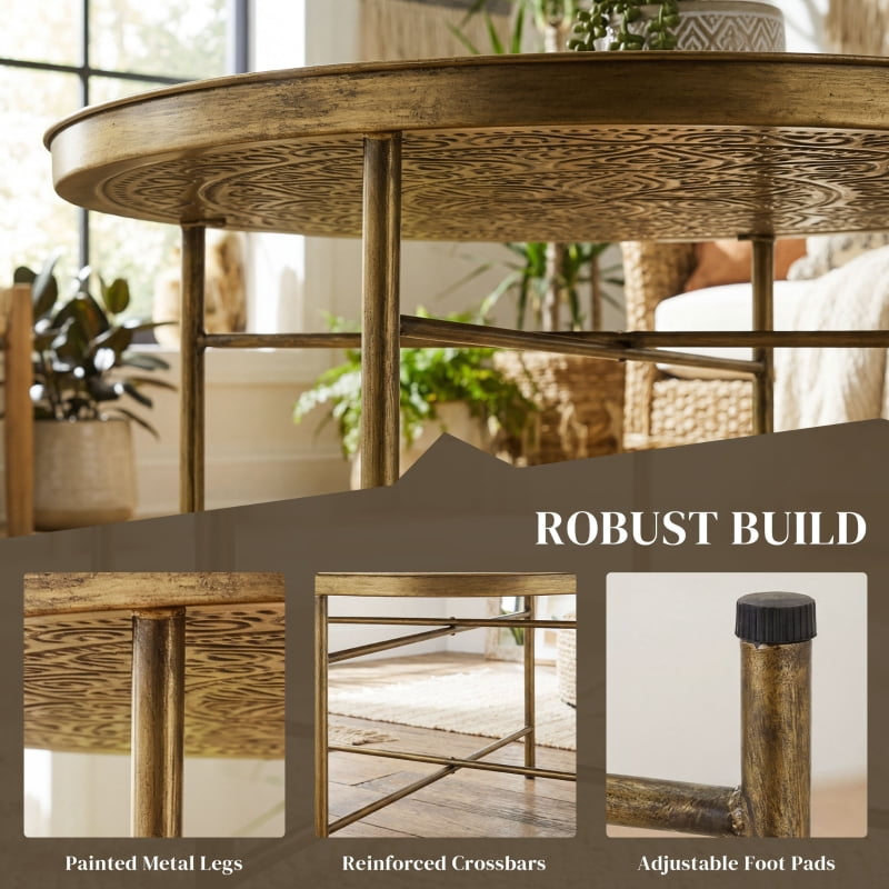 Alvantor Round Coffee Table with Hammered Tray Top & Metal Frame 24"x24"x15.7" Gold