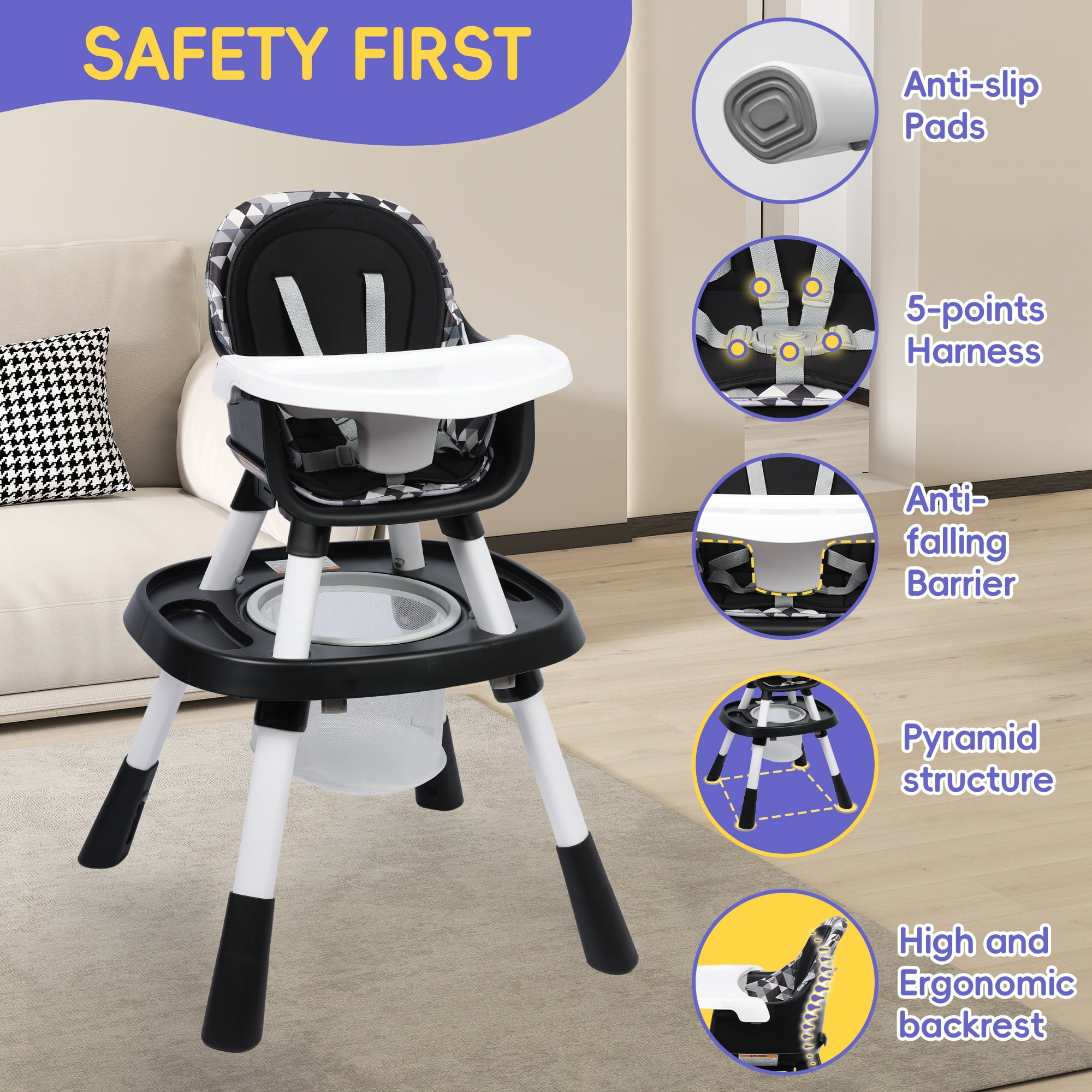 TOLEAD 15-in-1 Convertible High Chair, 2-in-1 Baby Highchair & Activity Center, Black