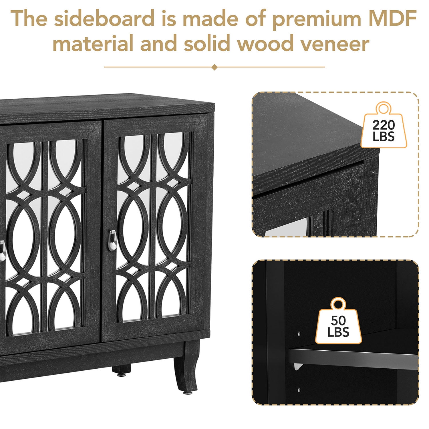 Kadyn Sideboard with Glass Doors, Accent Storage Cabinet with 3 Door, Sideboard Buffet Cabinet for Hallway, Black
