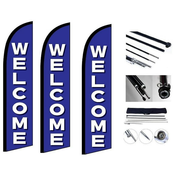Welcome Business Feather Business Flag 10 x 2.5 Foot and 13 Feet Pole & Ground Stake (3)