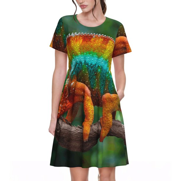 Easygdp Chameleon para Vestido Transpirable de Mujer, Vestido Suelto de Manga Corta con Pliegues y Bolsillos para el Verano