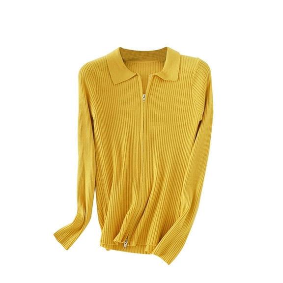 Annhoo Womens Zip up Knit Jackets Casual Long Sleeve Lapel Ribbed Outwear Cozy Soft Slim Cardigan Sweater