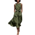thumbnail image 2 of NTACZA Sundresses for Women Cotton Lien Sleeveless Maxi Flowy A-Line Round Neck Casual Ruched Waist Front Tie Vacation Beach Green L, 2 of 7