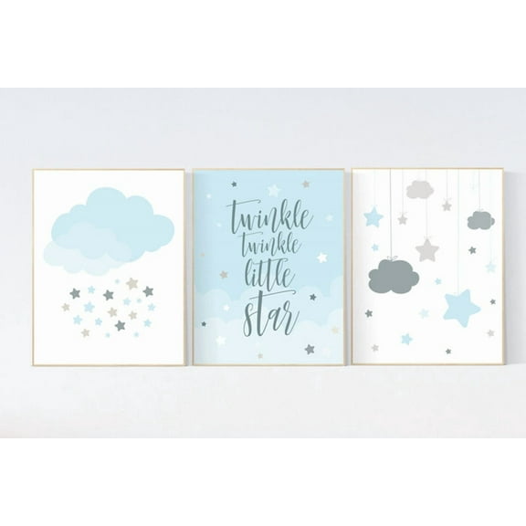 UNFFRAMED Luvia Blue Gray Nursery Wall Art Set of 3, Twinkle Star and Moon Prints, Baby Boy Room Decor Set 3 Prints 8x12