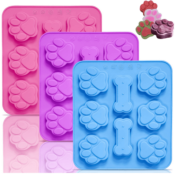 3Pcs Dog Bone Silicone Molds Paw Print Shaped Chocolate Candy Soap Mold 3Pack for Homemade Jelly Ice Cube Blue Pink Purple
