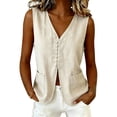 thumbnail image 3 of VBVC Women's V-Neck Button Down Vest, Ladies' Lightweight Sleeveless Waistcoat, Casual Blazer Tank Top For Women,Beige,S-2XL, 3 of 8