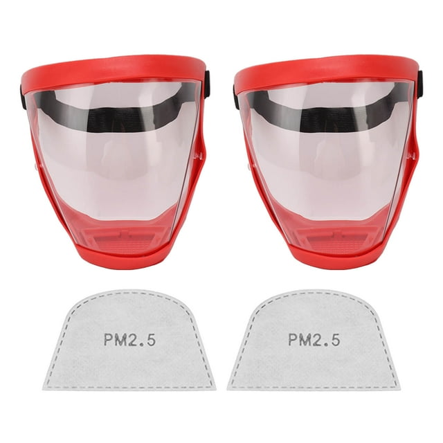 2 protectores faciales a prueba de polvo, elásticos de seguridad, reutilizables, con filtro, almohadillas de algodón, transparentes, para adultos, rojos y blancos.