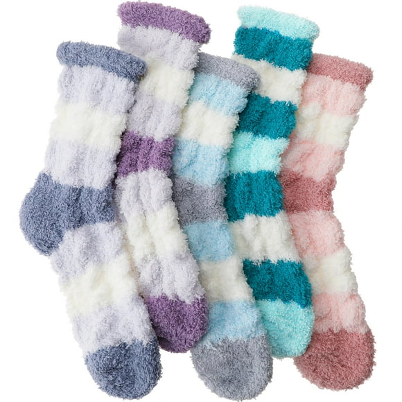 Calcetines de invierno de felpa para mujer Ebmore, fuzzy, acogedores, con rayas anchas