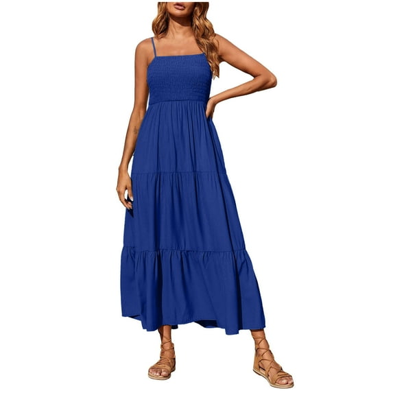 AOOCHASLIY Clearance Womens Dresses Summer Women's Bohemian Spaghetti Strap Smocked Tiered Long Beach Sun Dresses Sleeveless Solid Maxi Dress