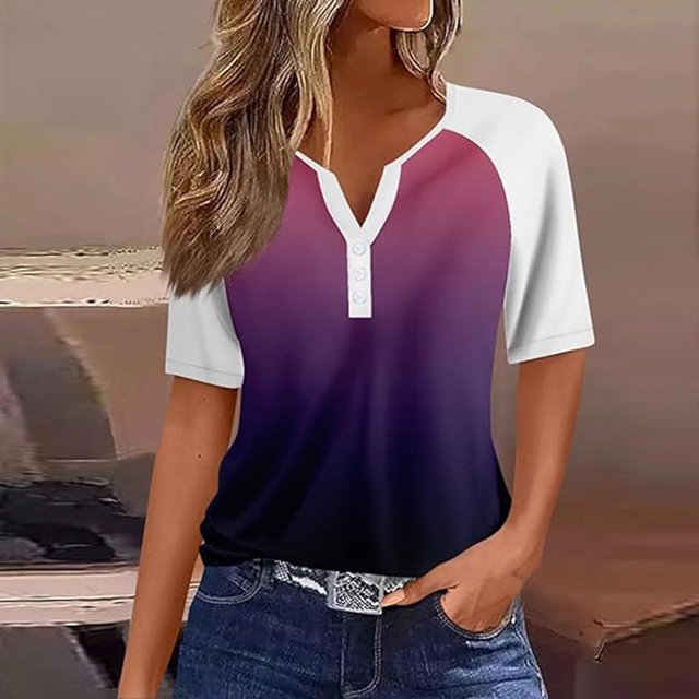 Fiudx Liquidación de Ofertas Flash Top con Cuello En V de Manga Corta Degradado de Color Sólido con Botones para Mujer