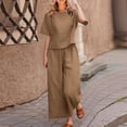thumbnail image 2 of Traje de mujer de algodón con manga corta y pantalón largo - Color liso, cintura alta elástica, pierna ancha, informal/oficina, 2 of 6