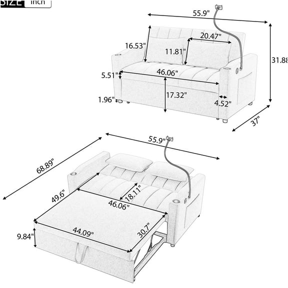 JERFIT Modern Convertible Sofa Bed with USB Charging, Cup Holders & Storage for Living Room, Light Grey