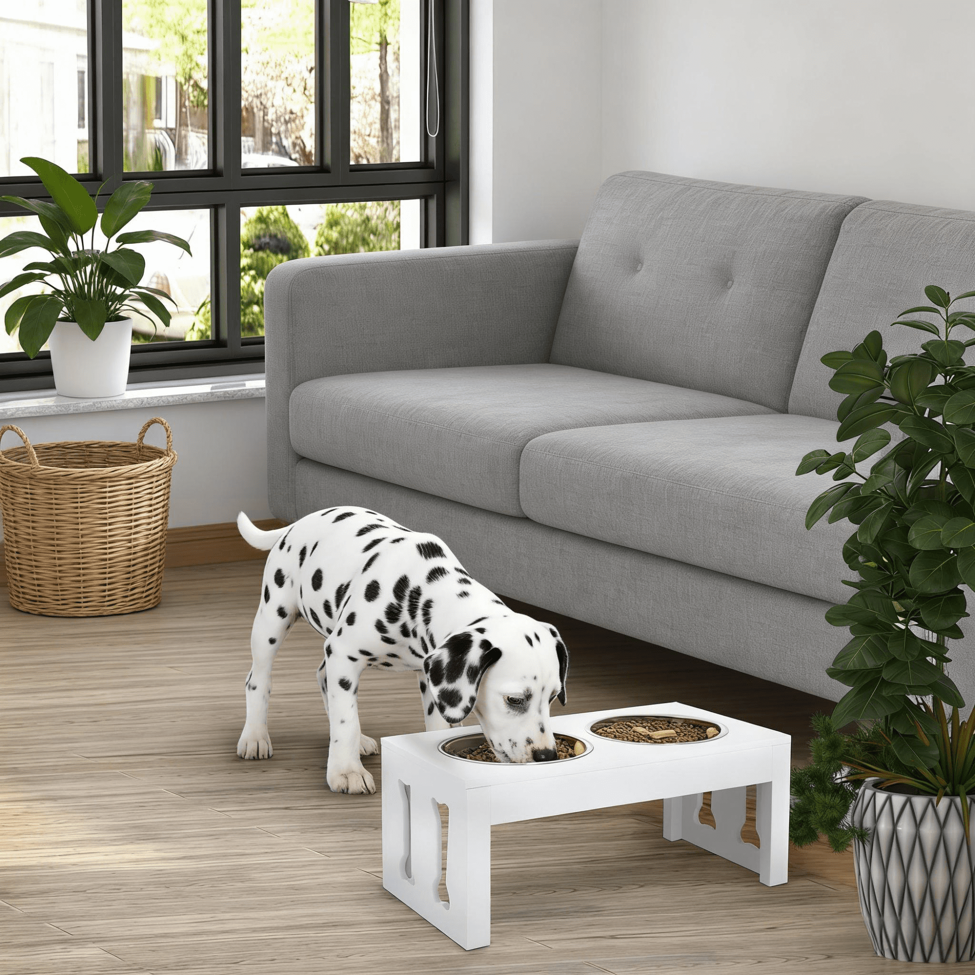 Cozynest Raised Dog Bowl Elevated Pet Feeding Station with Stainless Steel Bowls Waterproof MDF Feeder Stand Non Slip Design for Medium Dog Indoor Daily Feeding