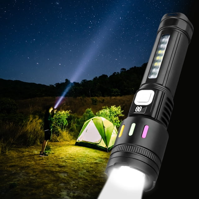Linterna LED para exteriores | Pantalla LCD inteligente con batería - Enfoque telescópico ajustable | Luz lateral COB | 5 modos | Resistente al agua | USB-C recargable | Lámpara de emergencia para