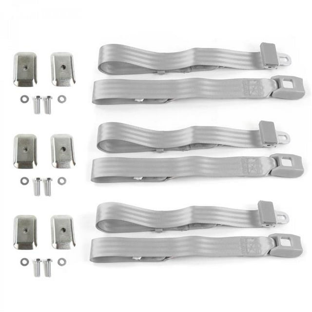 AMC AMX 1967-1974 Standard 2 Point Gray & Grey Lap Bench Seat Belt Kit with Bracketry - 3 Belts