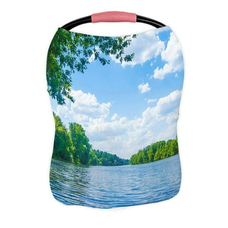 ECZJNT River lune landscape Green trees clouds in blue sky Nursing Cover Baby Breastfeeding Infant Feeding Cover Baby Car Seat