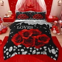 Feelyou Romantic Red Rose Bedding Comforter Set, Dreamy Sequin Print Grey Twin Comforter Sets, Couple Anniversary Theme Reversible Bedding Set, Breathable Home Decor, 2 Pieces