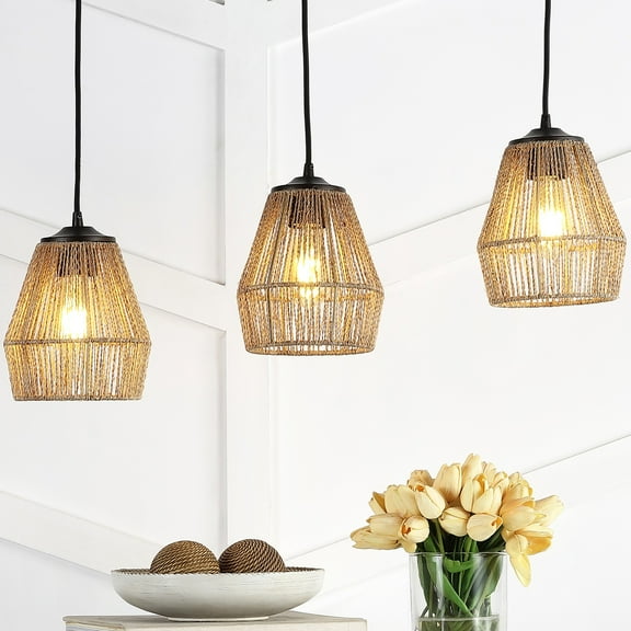 JONATHAN Y Ibiza Island 30" 3-Light Woven Rope/Metal Bohemian Coastal LED Linear Pendant, Oil Rubbed Bronze/Natural
