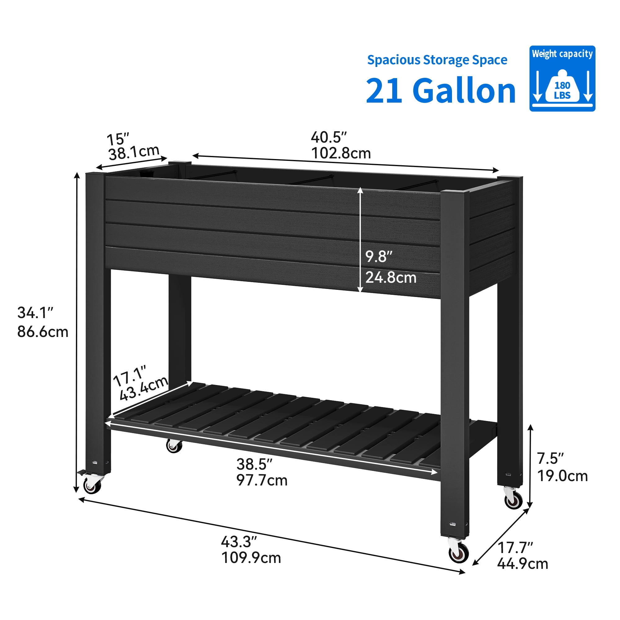Dextrus Large Outdoor Elevated Resin Garden Bed,Patio Planter Box with Legs&Wheels and Storage Shelf for Plants and Flowers,Ideal for Outdoor Gardening - Black