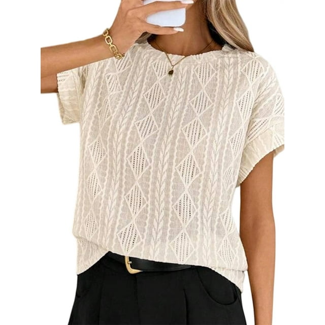 Hauts d'Été à Manches Courtes pour Femmes en Tricot Texturé Col Rond T-Shirts pour Enseignants Couleur L