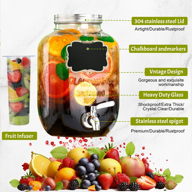 Soulgenix 2 Gallon Glass Drink Dispenser Set, Drink Dispensers for Parties Beverage Dispenser with Stand and Stainless Steel Spigot for Juice, Fruit