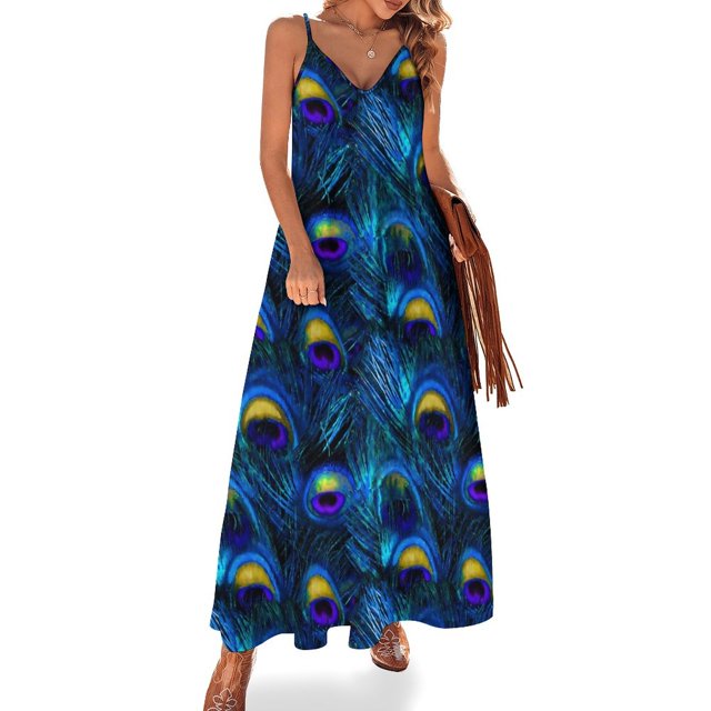 Vestido de plumas brillantes con estampado colorido, elegante vestido largo con escote en V, estilo bohemio, para playa, con tirantes, moda urbana, vestido oversize