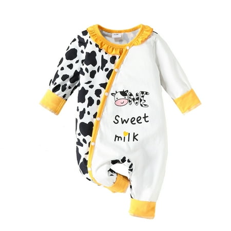 

Cute Newborn Baby Jumpsuit Toddler Kids Infant Girls Boys Cartoon Cow Letters Prints Long Sleeves Romper Jumpsuit Outfits