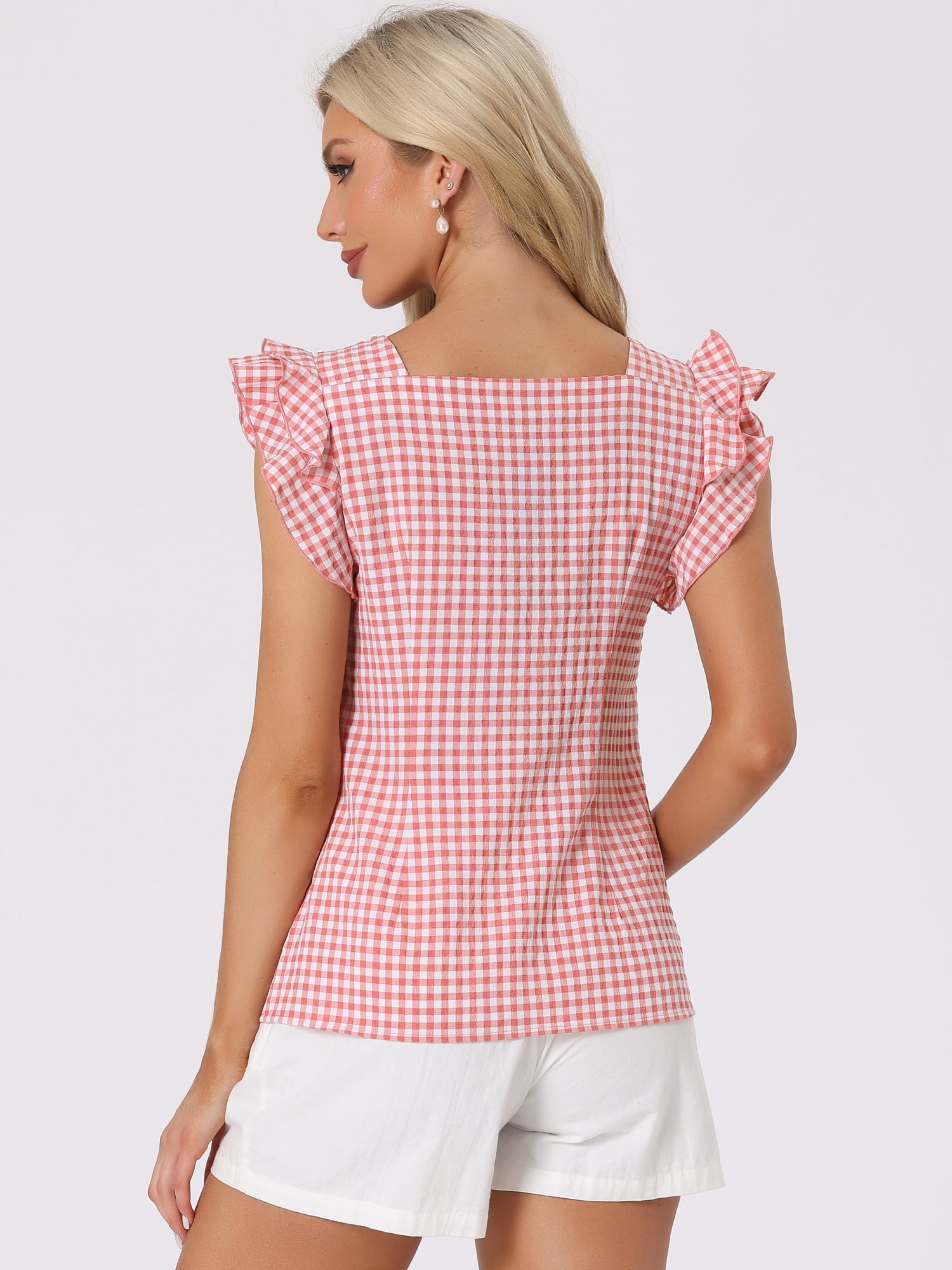DARING DIVA Square Neck Ruffle Sleeve Blouse S Pink