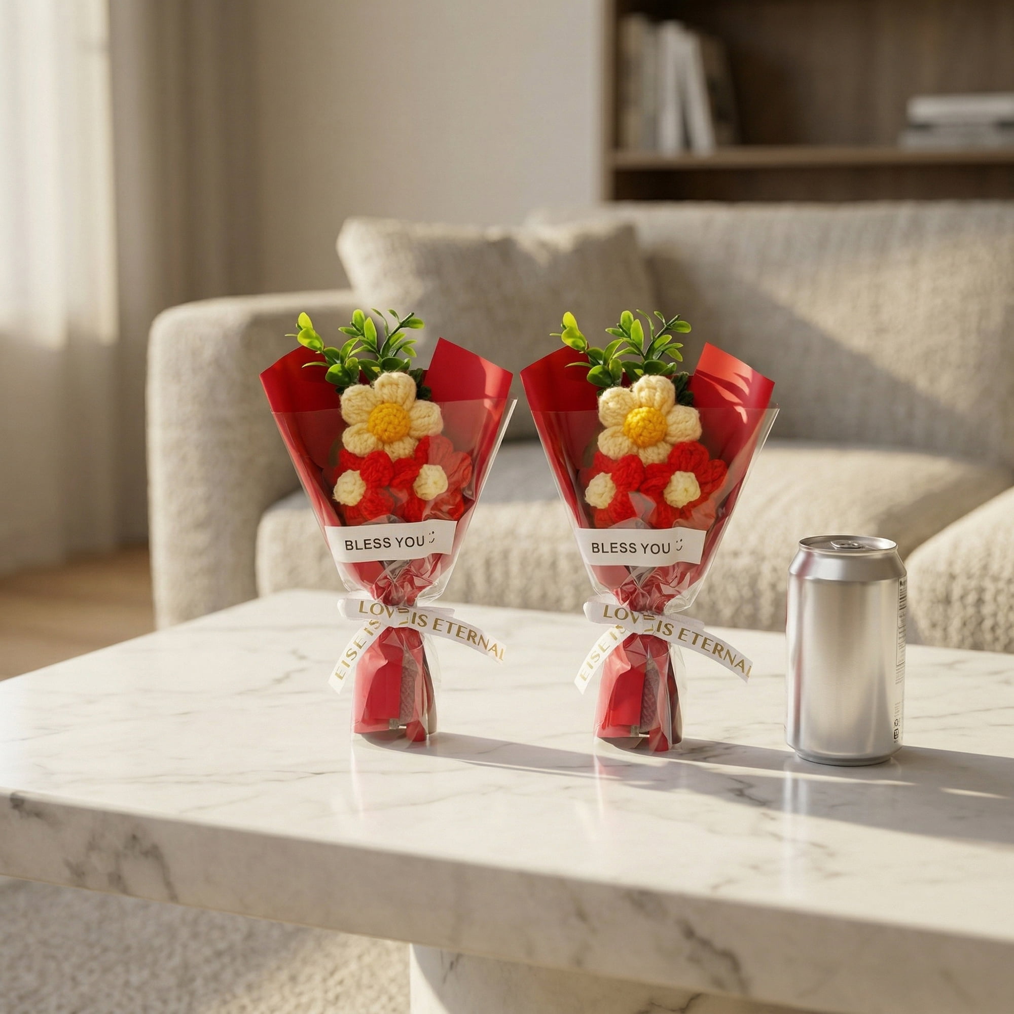 Unique Bargains Handmade Crochet Potted Flowers Knitted Bouquet for Decor Red 5.9 in