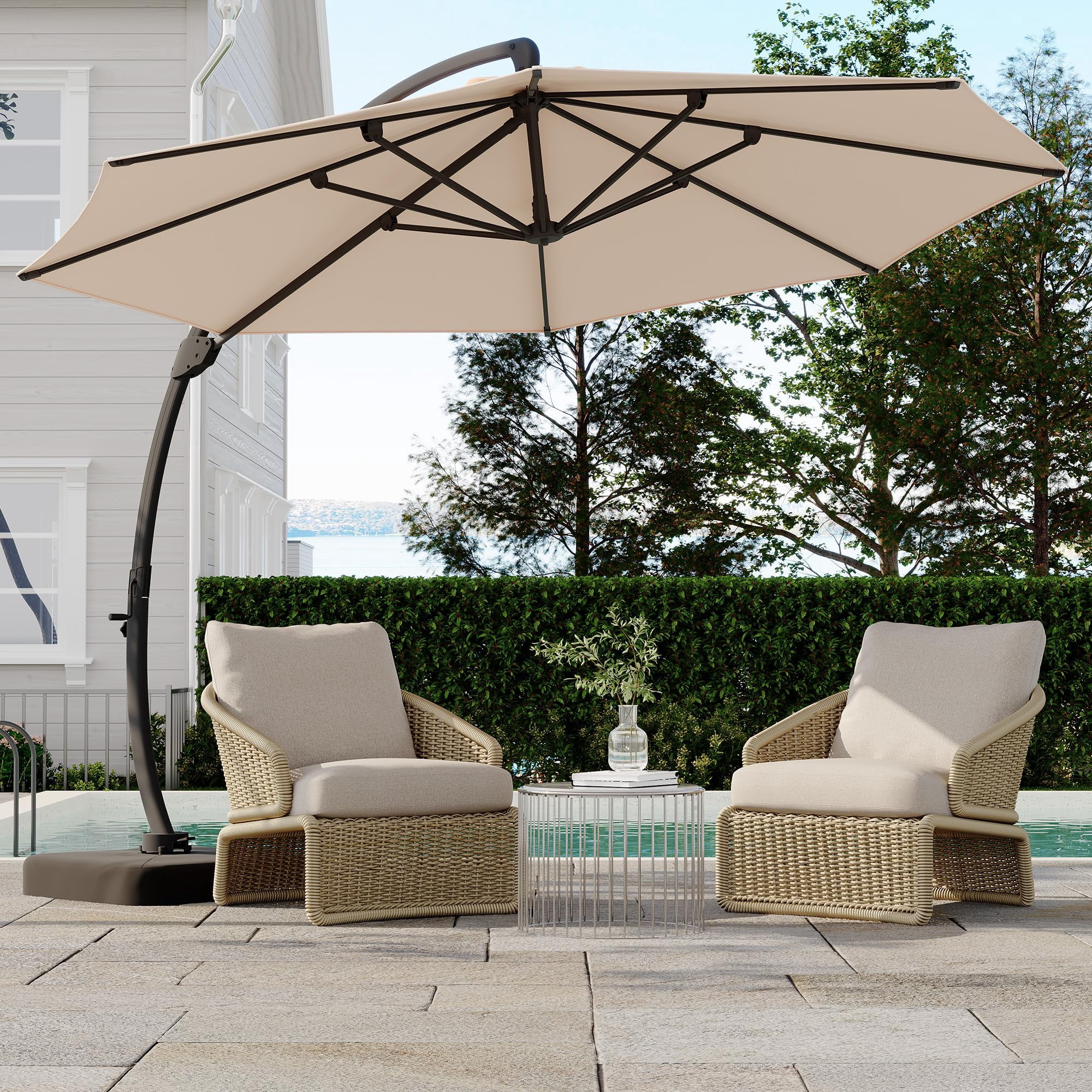 Memoryfield Outdoor Large Round Aluminum Cantilever Market Umbrella, Heavy-Duty Offset Patio Umbrella with 360° Rotation & Base Included, Khaki