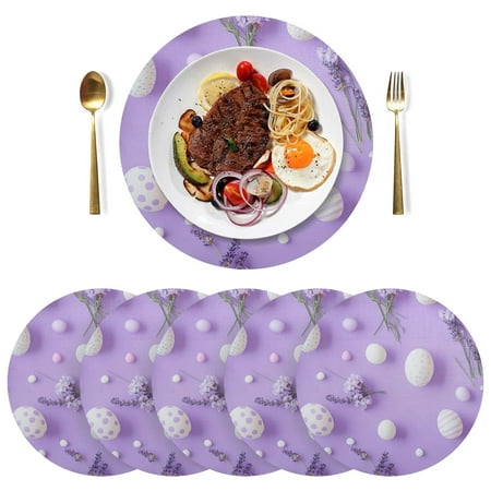 

Round Placemats Plate Mats 15 Inch Non-Slip Heat Resistant Washable PVC Set Table Decoration for Kitchen Dining Purple Background with White Eggs