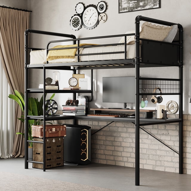 QinaQin Cama loft individual con escritorio en L, estructura metálica con barandal alto y escalera, ideal para recámara juvenil y ahorro de espacio