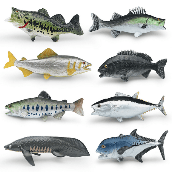 Realistic Ocean Fish Figurine Set, Lifelike Marine Animal Miniatures Including Tuna, Snapper, Bass, Salmon & Mackerel, Educational Sea Life Toy Collection and Aquarium Display Decor One set, 8 tota