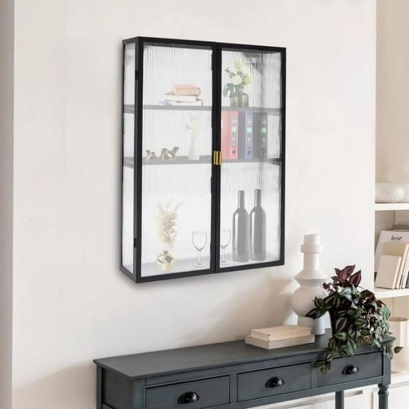 Metal Storage Cabinet with Mesh Doors, Black Retro Cabinet Wall-Mounted Metal Storage Cabinet w/Detachable Shelves, for Office, Dining Room Living Room Kitchen Bathroom