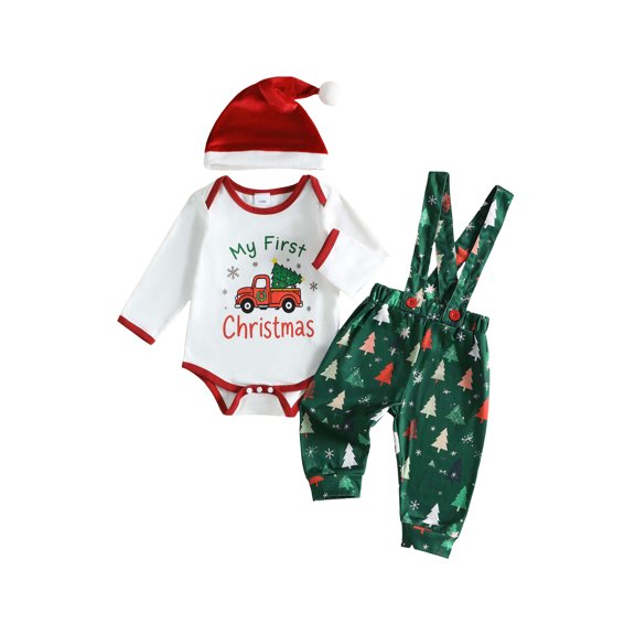 Cjfdfy Newborn Baby Boy Christmas Outfit Red Truck Tree Print Long Sleeve Romper And Print Overalls And Santa Hat 3Pcs Infant Cute My First Christmas Fall Winter Clothes 0-18M