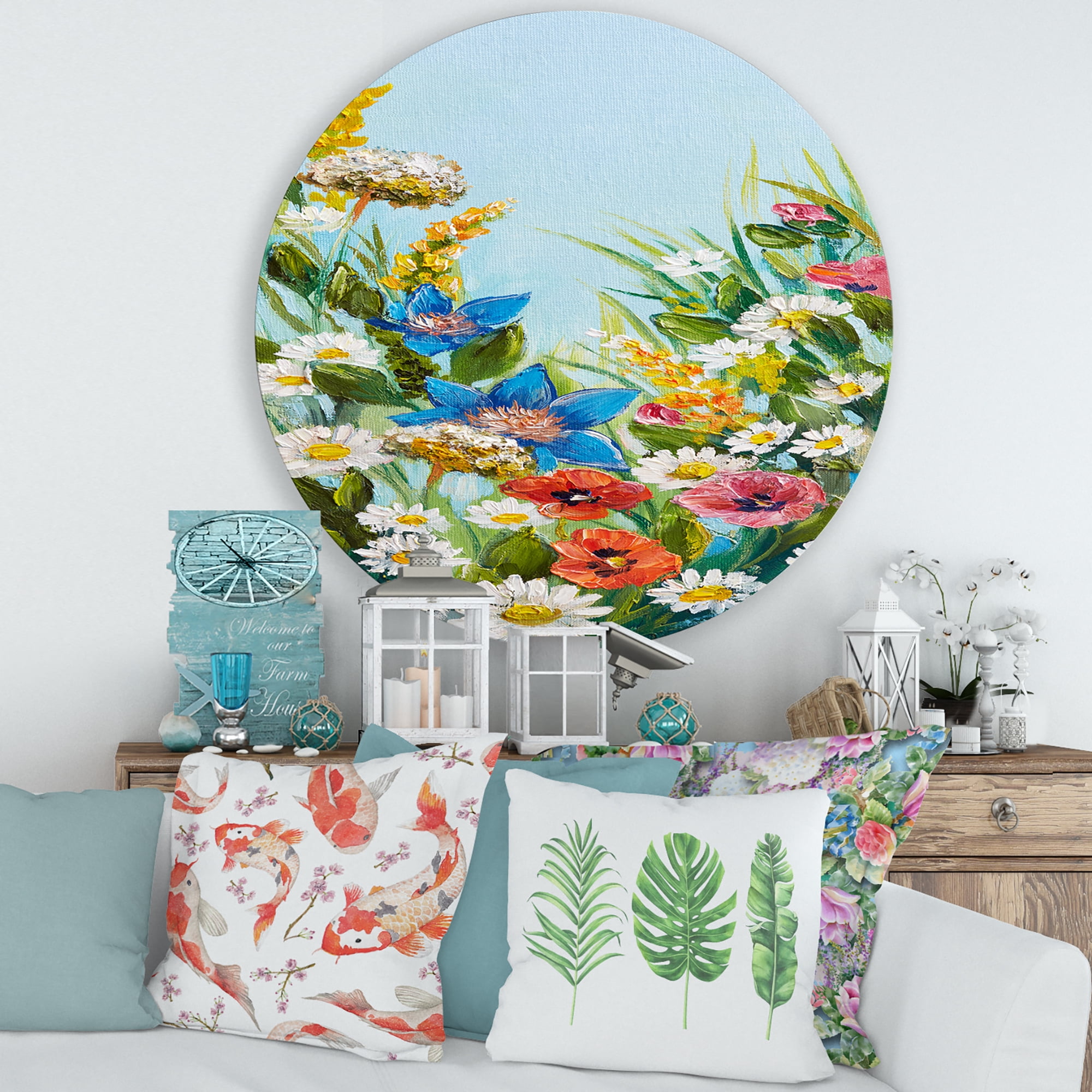 Designart 'Still Life Of Colorful Wildflowers With Leaves I' Traditional Circle Metal Wall Art 29x29 - Disc of 29