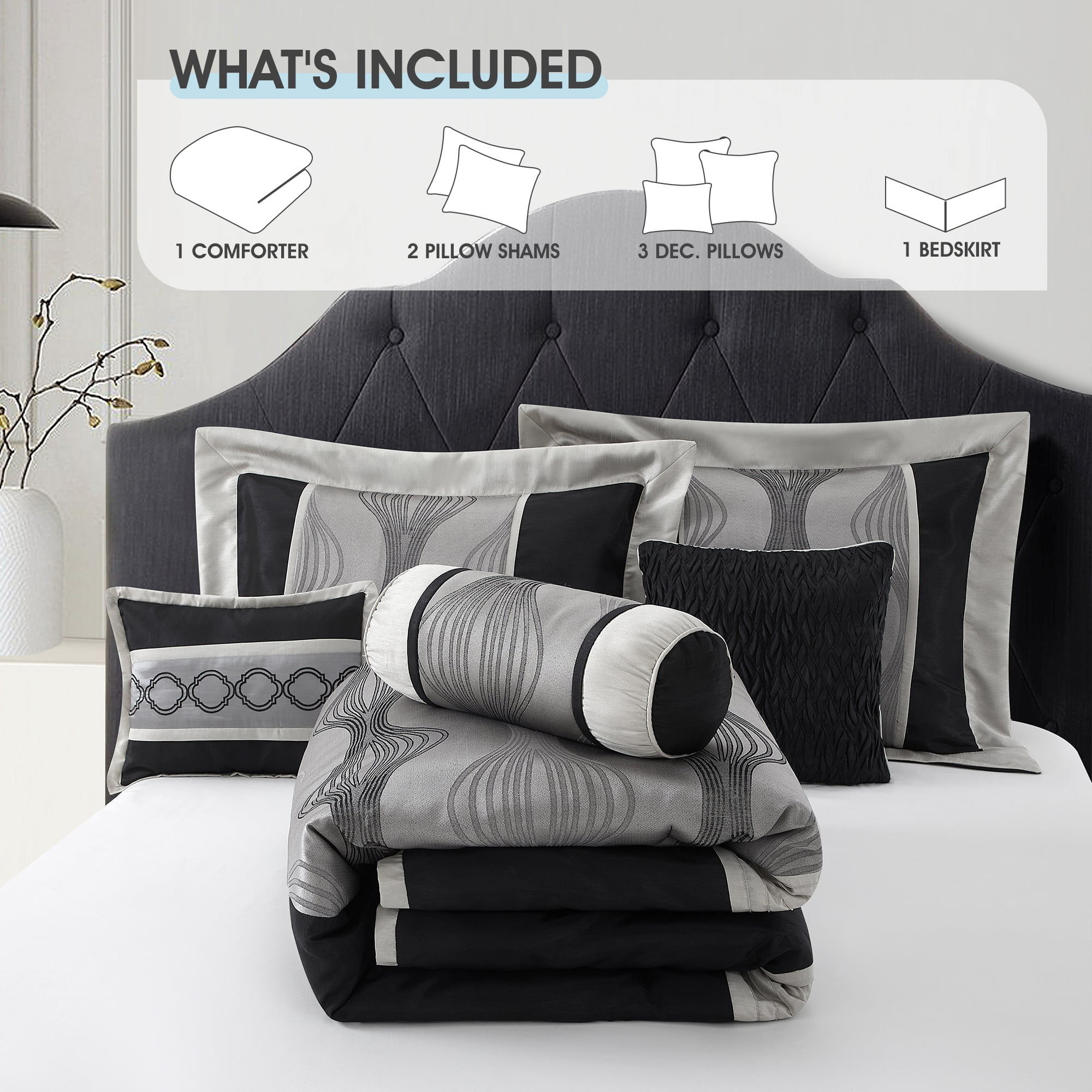 Lanco Black and Silver Comforter Set Queen Size, 7 Pieces Bedding & Collection, Jacquard All Season Comforter & Pillows, Ultra-Soft Microfiber