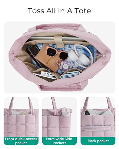 BAGSMART Expandable Tote Bag for Women, Puffer Small tote bag with Zipper, Travel Tote Bags Casual Handbags Nurse Bag, Purple