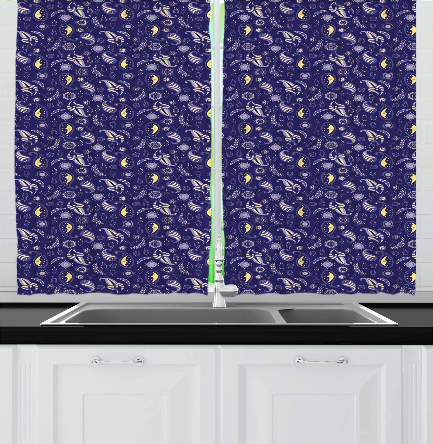 Moon Curtains 2 Panels Set, Abstract Floral Figures with Stars and Sleeping Moons Nocturnal Oriental, Window Drapes for Living Room Bedroom, 55W X 39L Inches, Violet Blue Pale Yellow, by Ambesonne