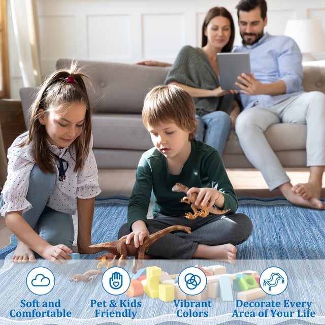 Washable Living Room Rug 8x10 Large Modern Scalloped Area Rugs with Non-Slip Backing, Stain-Resistant Foldable Floor Mat, Contemporary Low Pile Indoor Carpet for Bedroom, Office, Blue